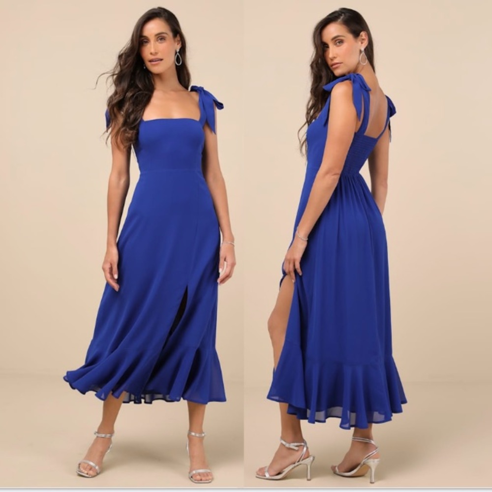 Lulus Summer Invite Tie-Strap Tiered Midi Dress, Royal Blue, Size M,‎ NWT